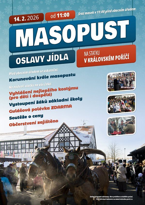 Masopust 2026 — oslavy jídla na Statku v Královském Poříčí, 14. února od 11:00