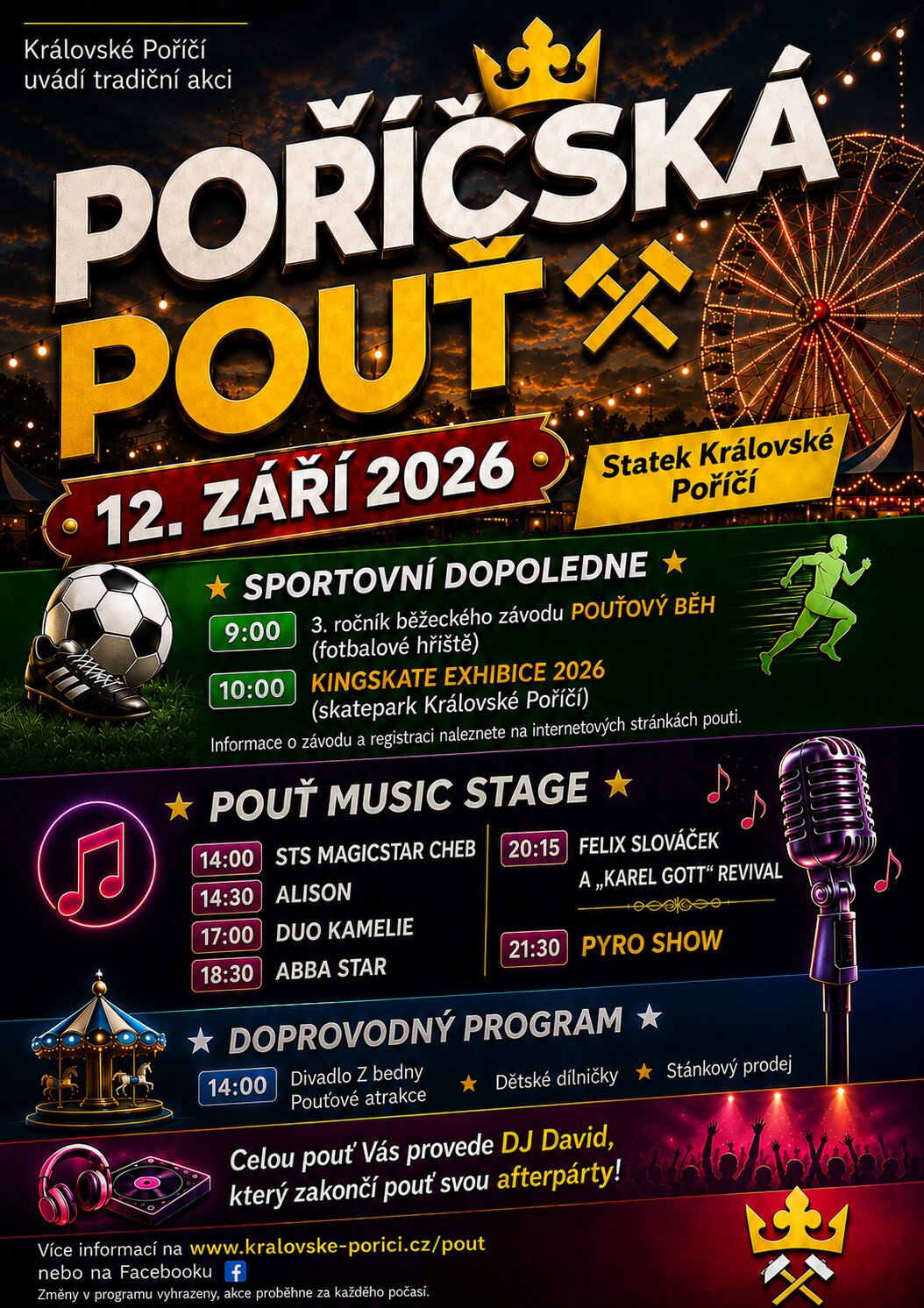 Poříčská pouť 2026 — 12. září 2026 na Statku v Královském Poříčí, sportovní dopoledne, Pouť Music Stage a doprovodný program